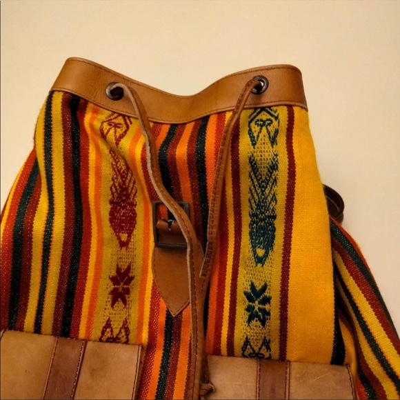 Ethnic boho design leather & canvas backpack, can convert to a shoulder bag - Picture 4 of 10